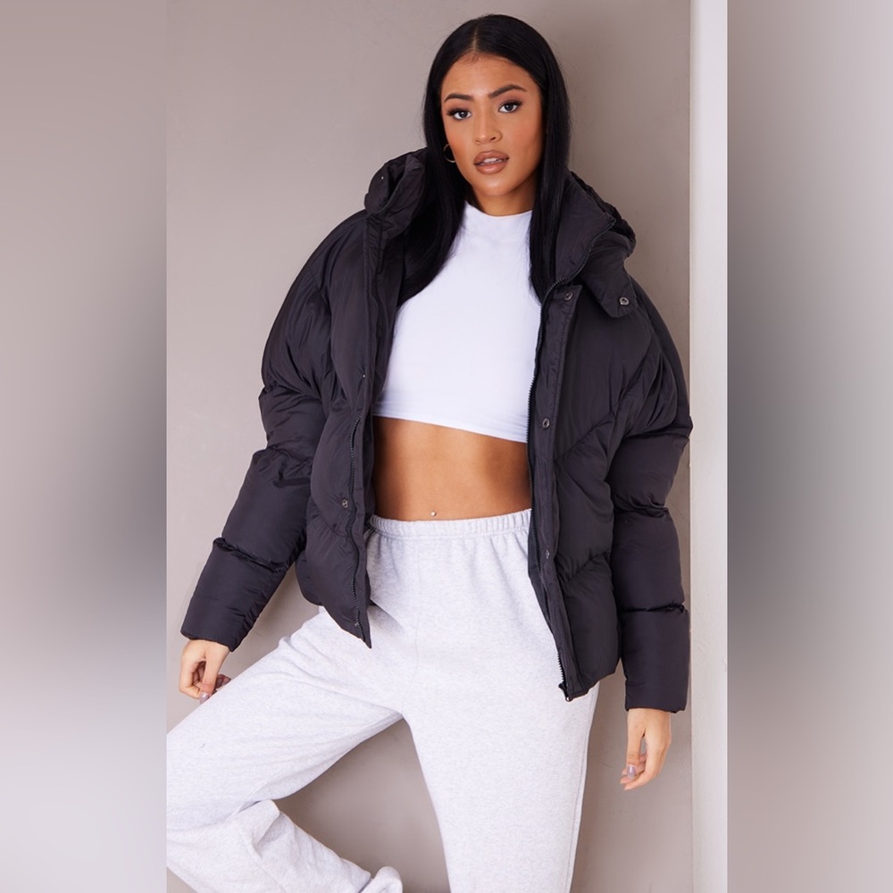 PLT Recycled Tall Black Nylon Oversized Curved Panel Wadded Puffer Jacket